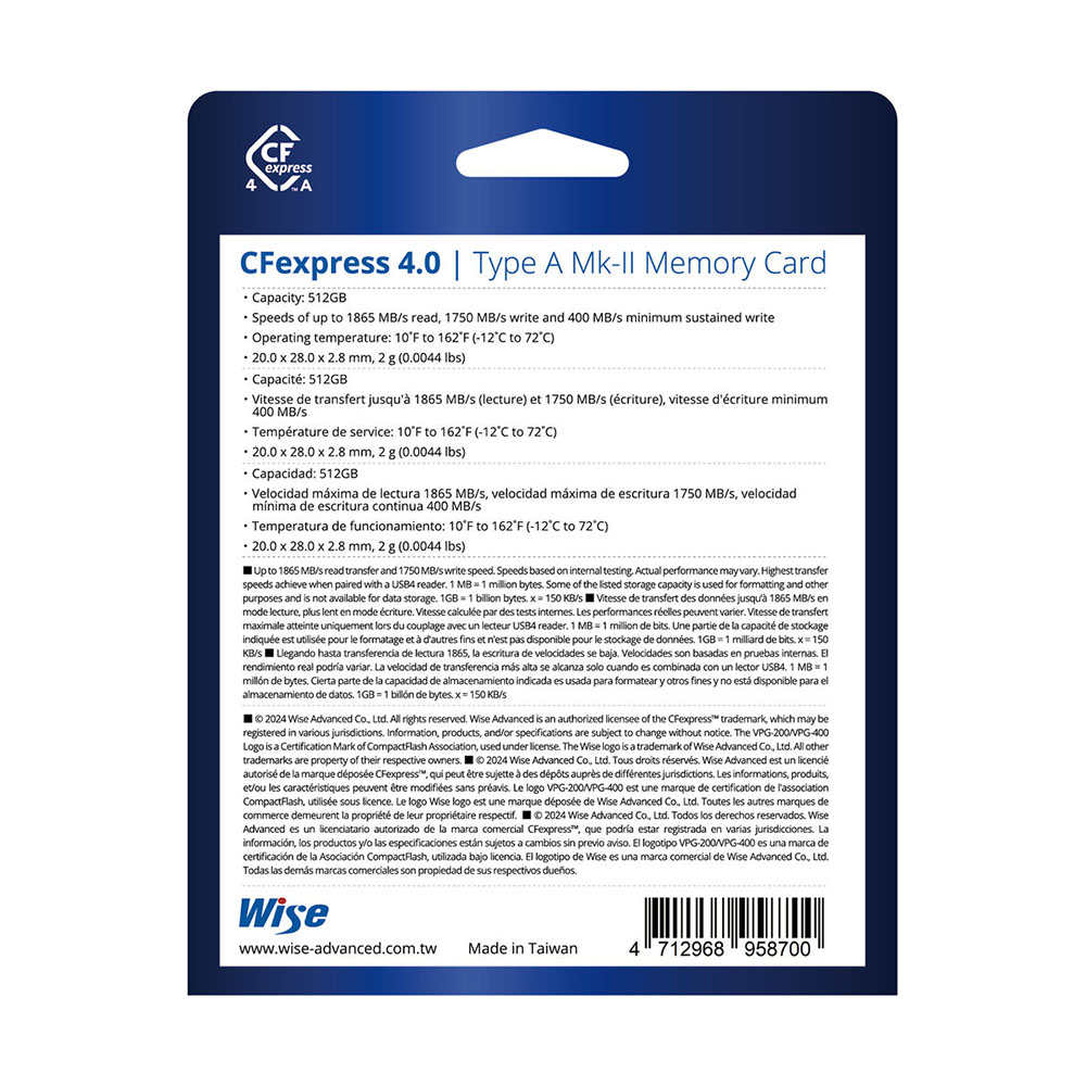 Thẻ nhớ Wise 256GB / 512GB / 1TB CFexpress 4.0 Type A - CFX4-A256M2 / CFX4-A512M2 / CFX4-A1024M2 | Chính hãng