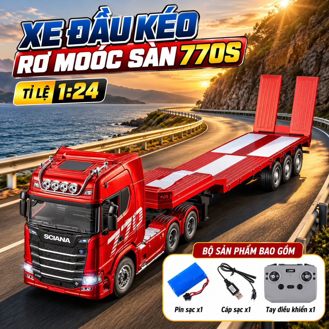 Đầu kéo SCANIA 770s Huina 1302A kèm rơ mooc sàn phẳng tỉ lệ 1:24 - ĐỎ