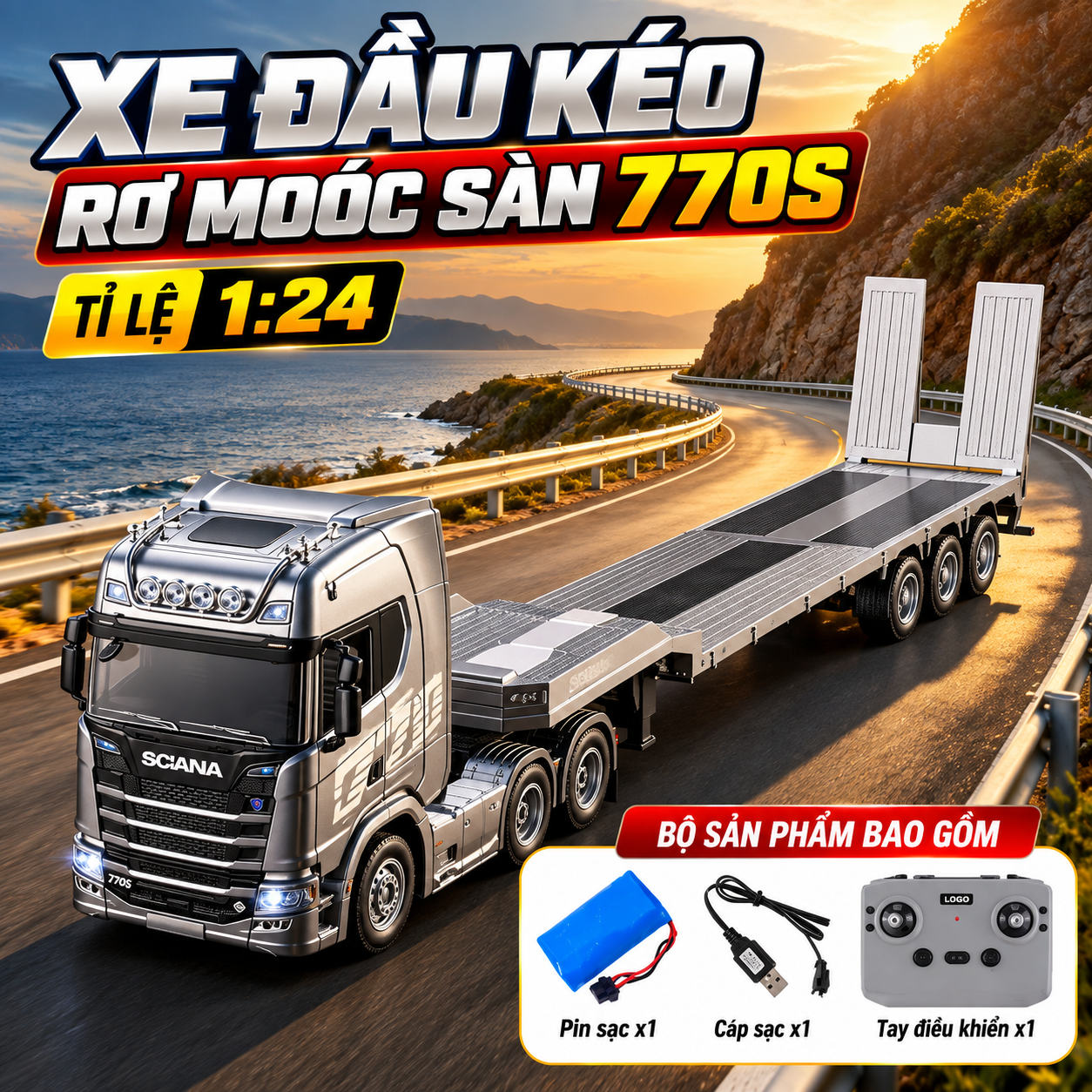 Đầu kéo SCANIA 770s Huina 1302A kèm rơ mooc sàn phẳng tỉ lệ 1:24 - XÁM