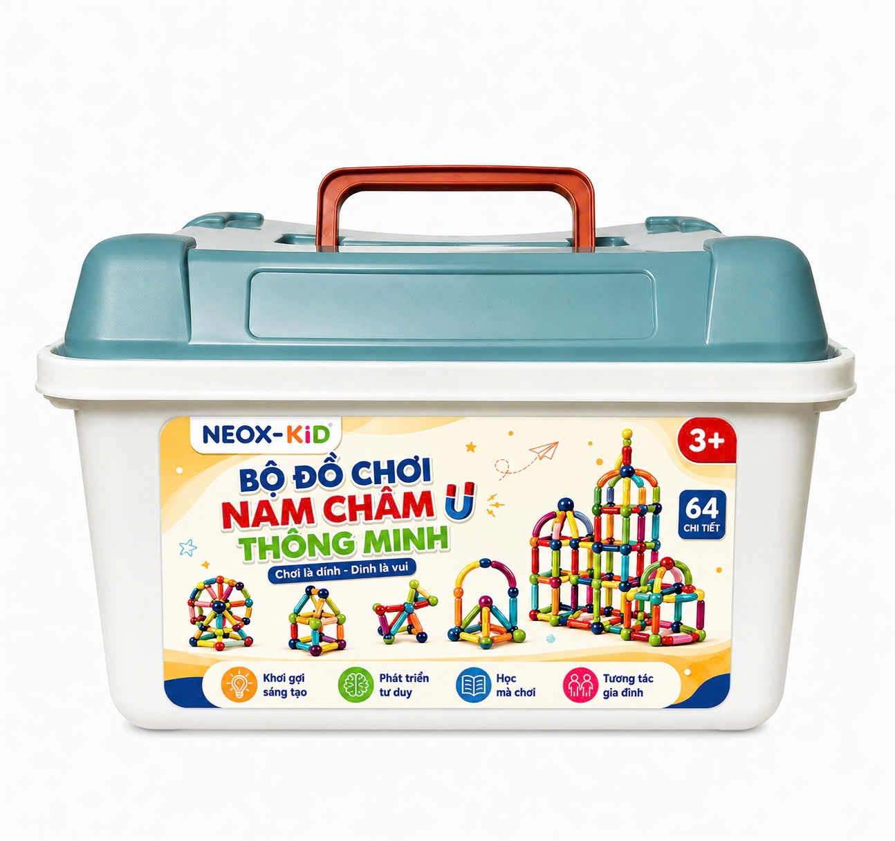 Đồ chơi xếp hình thông minh, bộ xếp hình nam châm 64 chi tiết