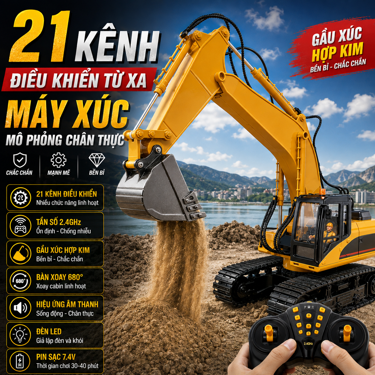 HUINA 1550HD Máy xúc điều khiển 15 kênh pin sạc – tỉ lệ 1:14
