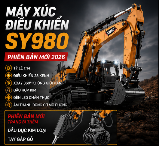 Xe RC Máy xúc SANY SY980 1:14 phiên bản mới fix lỗi delay tặng kèm búa đục kim loại và tay gắp gỗ bản mới