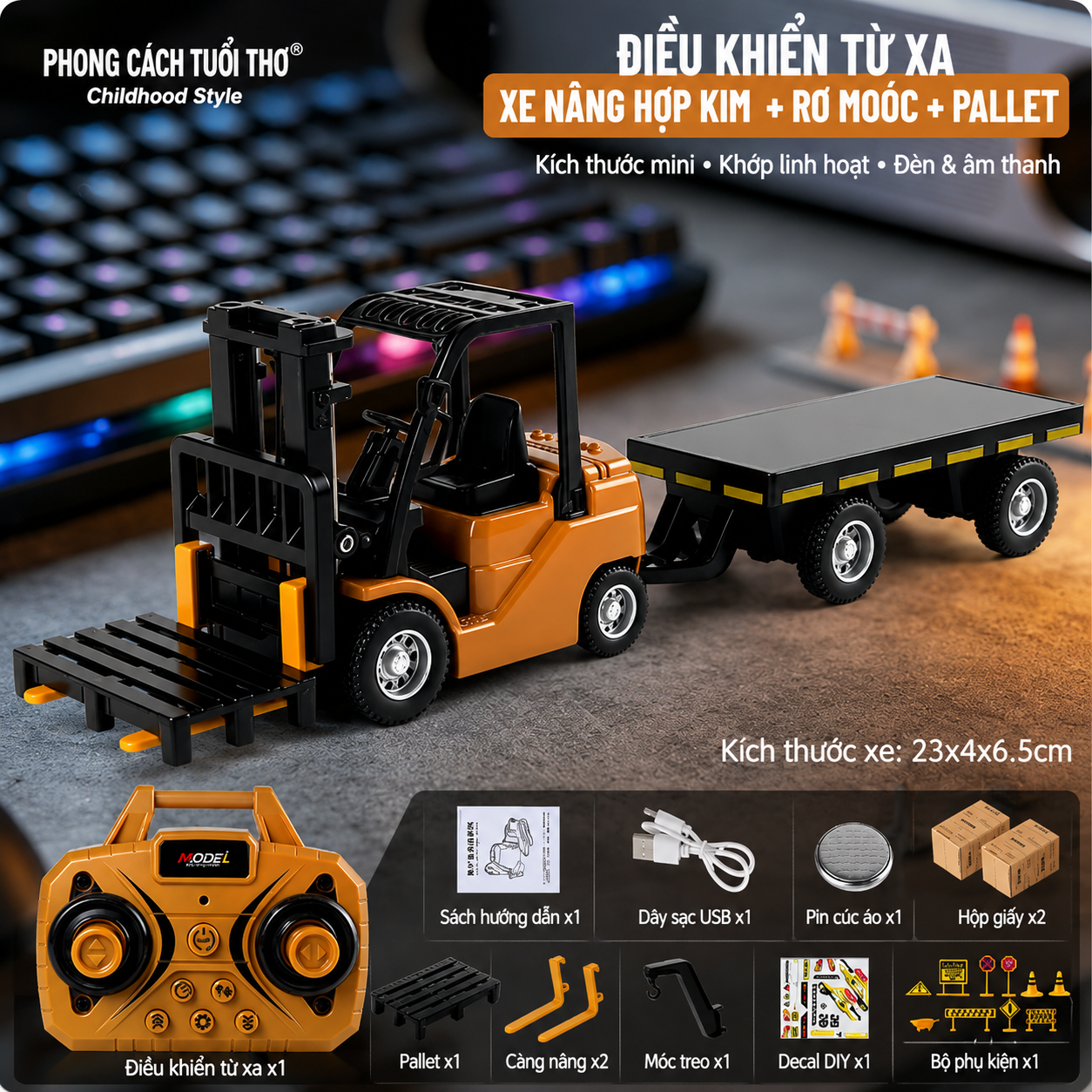 Xe nâng điều khiển kèm mooc kéo mini 1:64 Sino HJ2025-2 | VÀNG