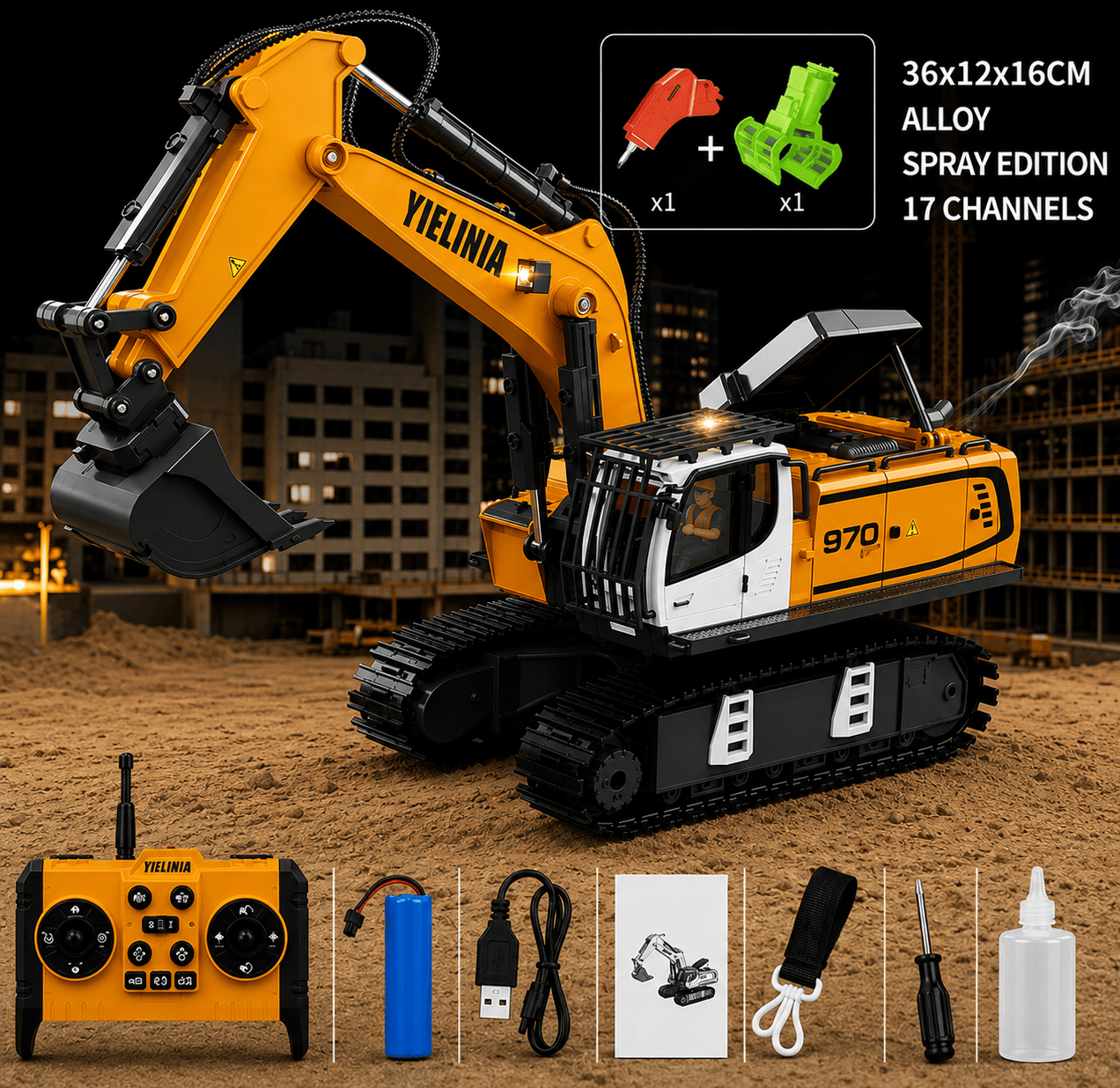 TCS 1:30 Máy Xúc 15 Kênh YLJ01-P (Gầu sắt + búa đục + tay gắp + phun khói)