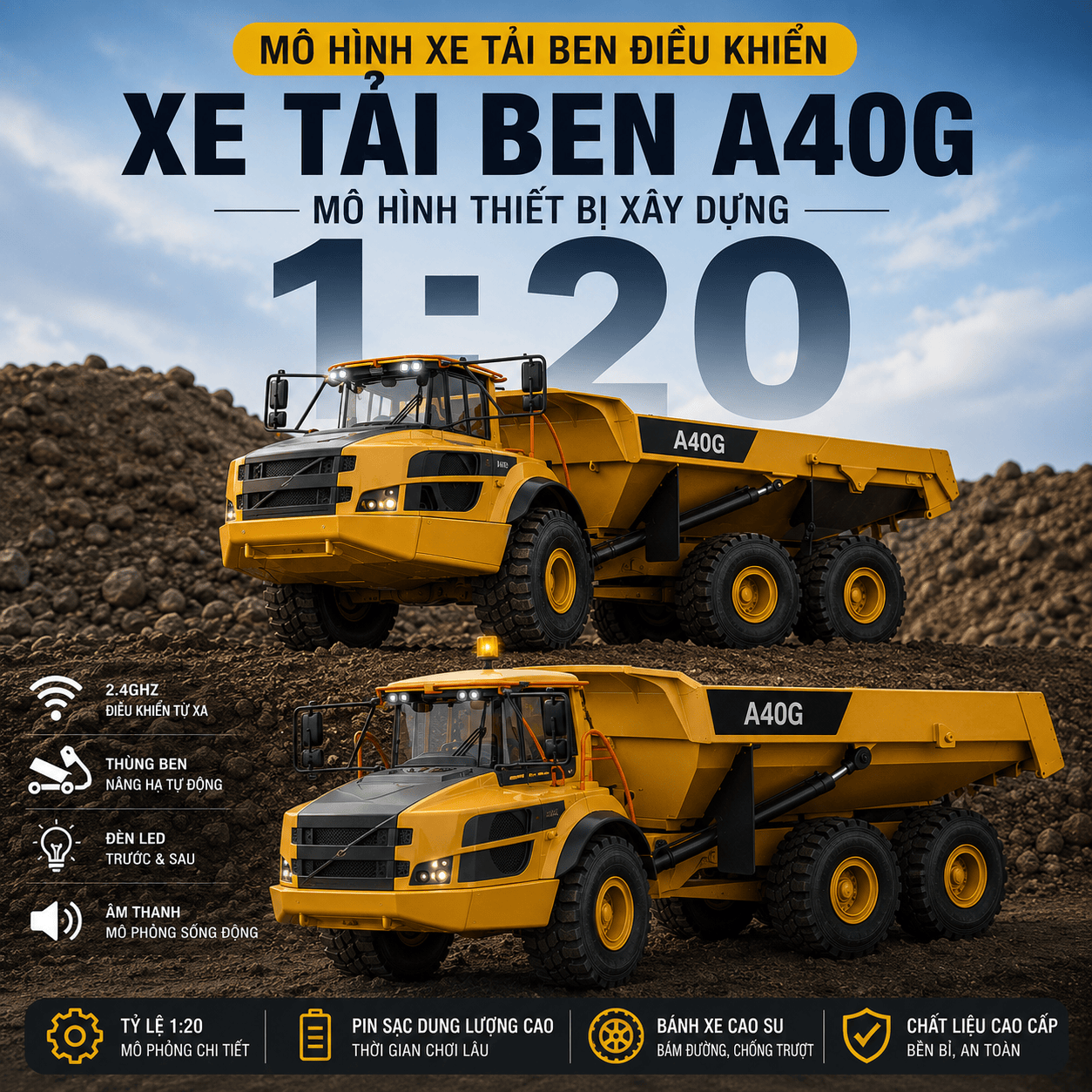 Xe Tải Ben Điều Khiển RC E591 1:20 6 Bánh Thùng Ben Nâng Hạ Trục Vít