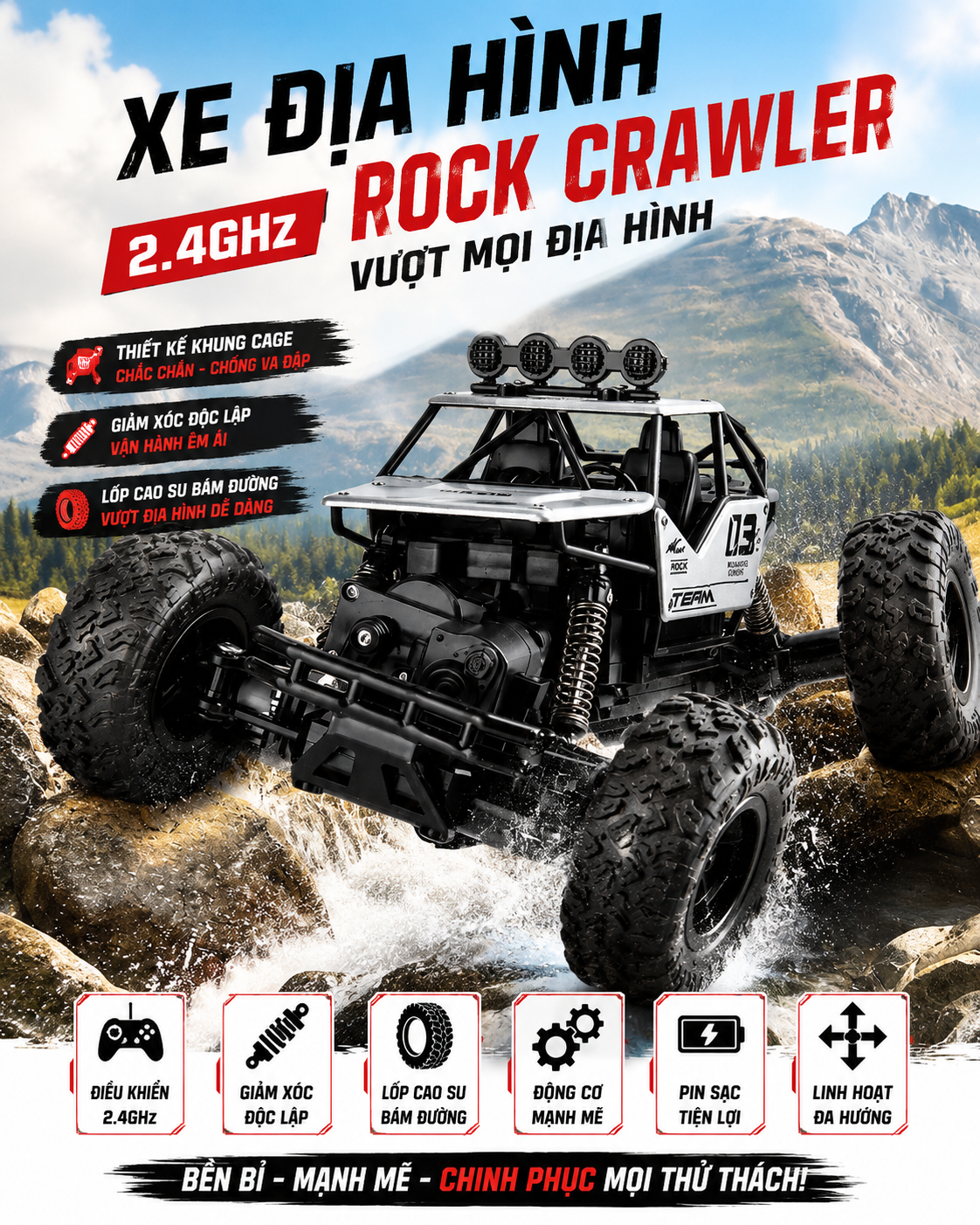 Xe RC Địa Hình Rock Crawler 4WD Điều Khiển Từ Xa 2.4GHz Thân Hợp Kim Bánh Lớn