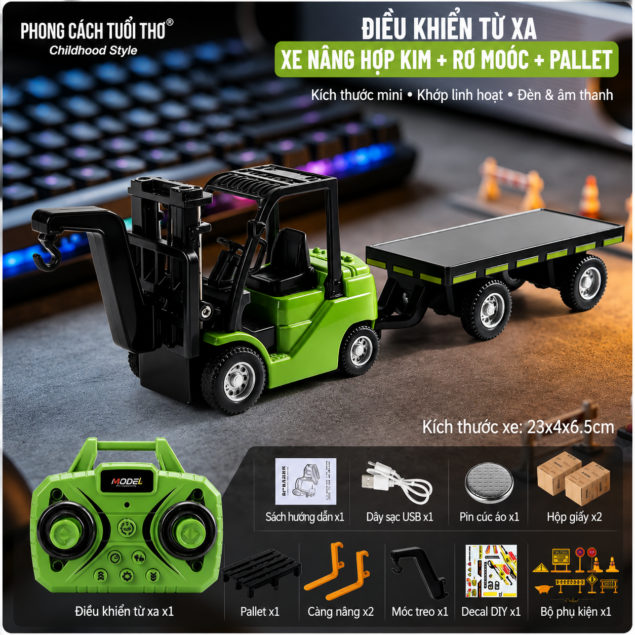 Xe nâng điều khiển kèm mooc kéo mini 1:64 Sino HJ2025-2 | XANH