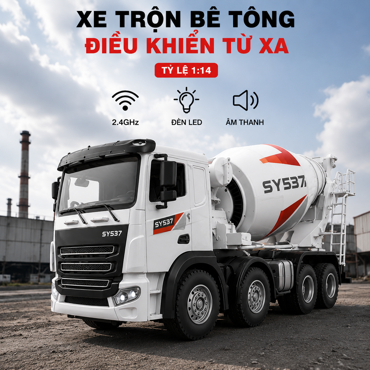 Xe Trộn Bê Tông Điều Khiển Sanny SY537 1:14 RC 10 Kênh Pin Sạc 2.4GHz Mô Hình Xe Công Trình