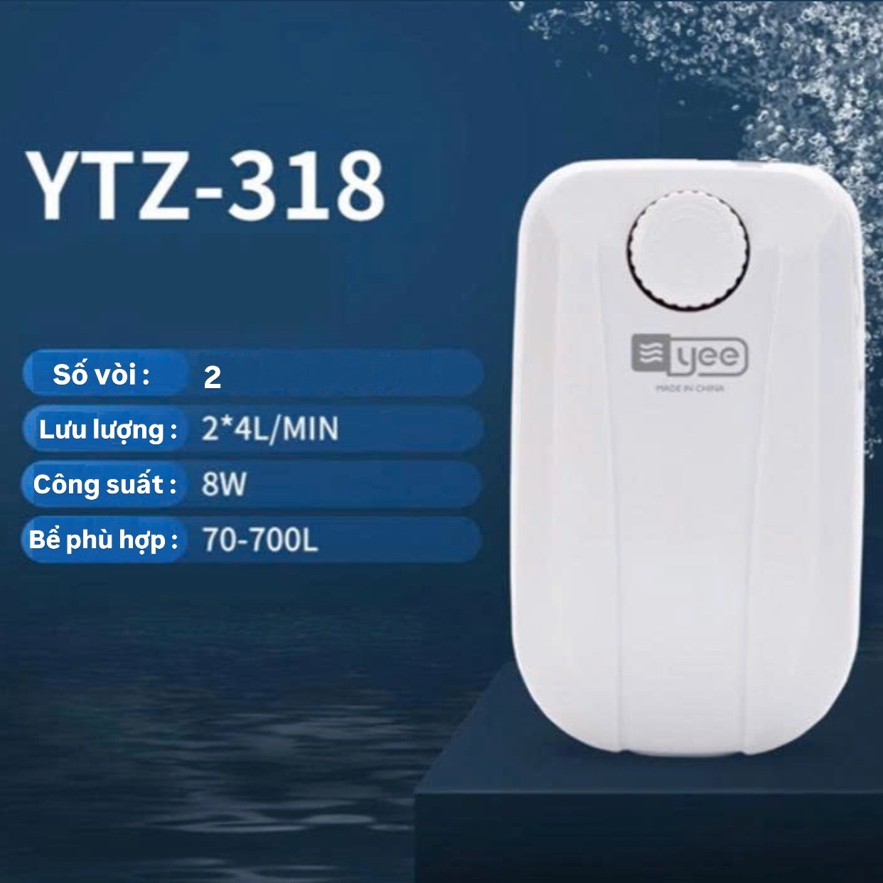 Máy sủi oxy siêu êm cho bể cá Yee YTZ 318, 2 vòi (8w, 2x4L/phút)