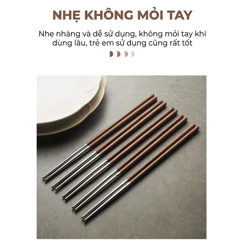 Bộ 5 đôi đũa gỗ đầu bọc inbox 304 chống mốc - Bộ 5 đôi