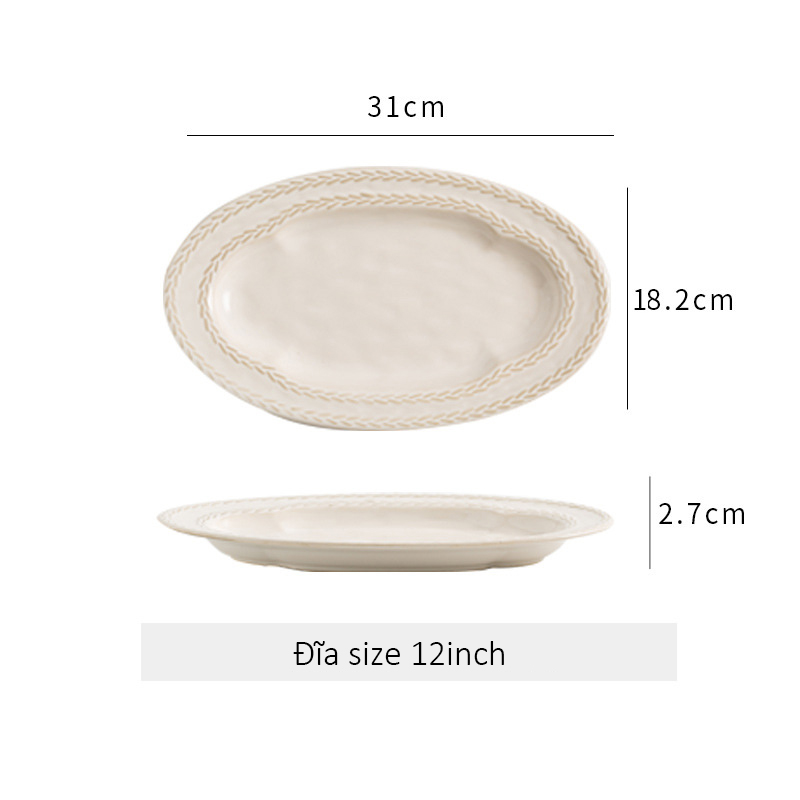 Đĩa gốm sứ bầu dục viền dập nổi hình bông lúa - Beige 31cm