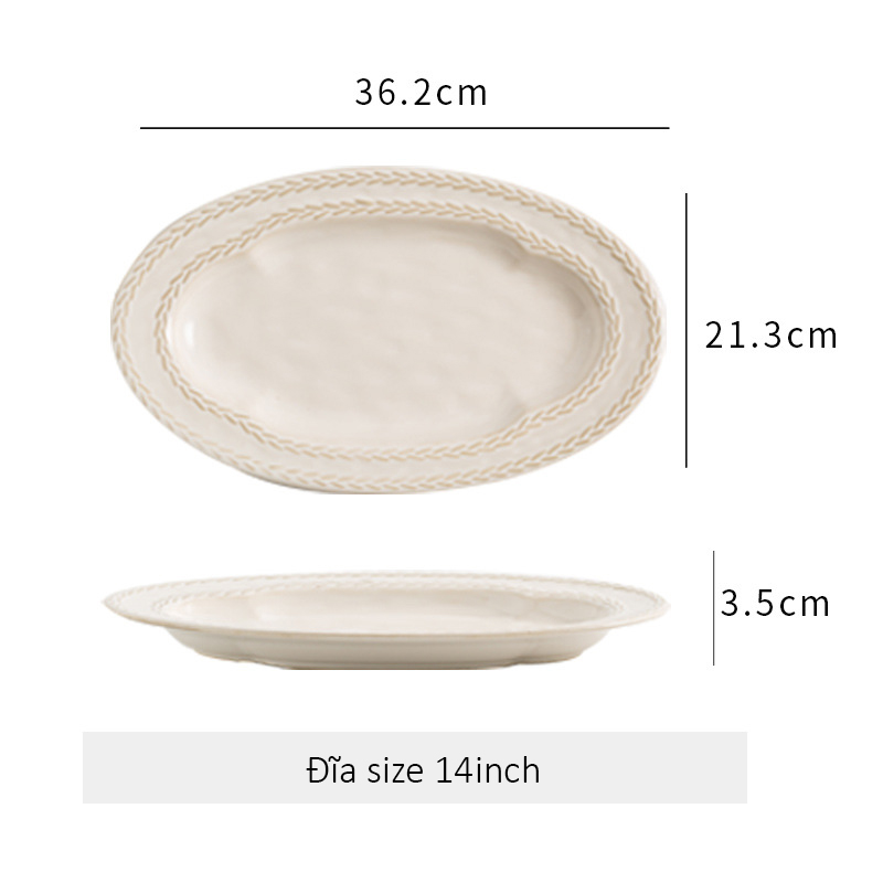 Đĩa gốm sứ bầu dục viền dập nổi hình bông lúa - Beige 36cm