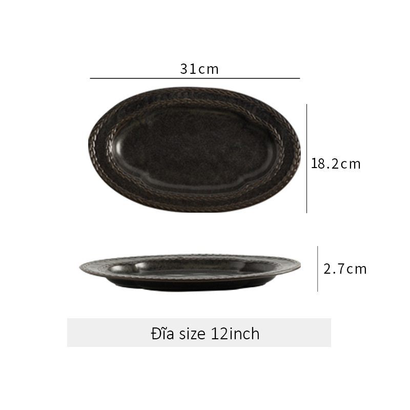 Đĩa gốm sứ bầu dục viền dập nổi hình bông lúa - Đen 31cm