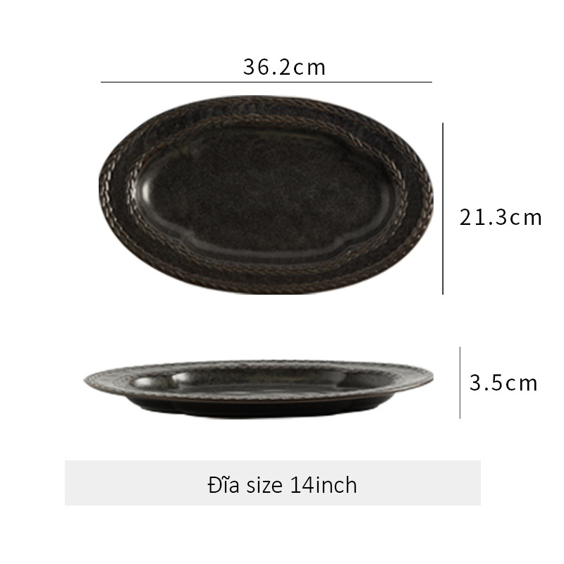 Đĩa gốm sứ bầu dục viền dập nổi hình bông lúa - Đen 36cm