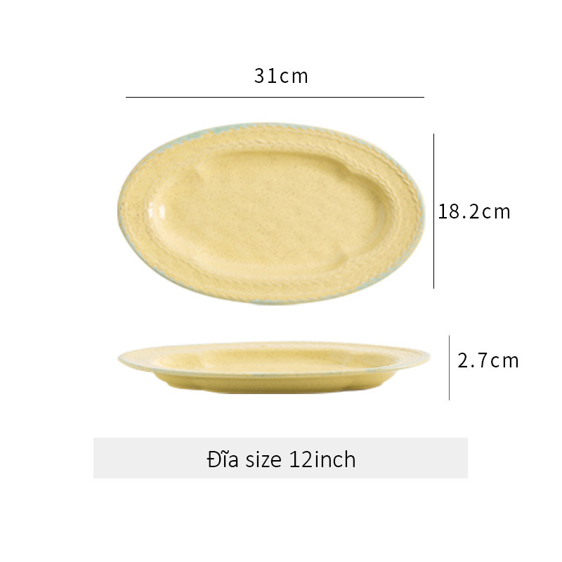 Đĩa gốm sứ bầu dục viền dập nổi hình bông lúa - Vàng 31cm