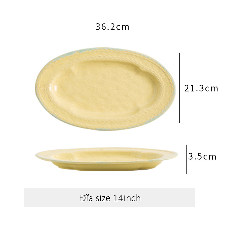 Đĩa gốm sứ bầu dục viền dập nổi hình bông lúa - Vàng 36cm