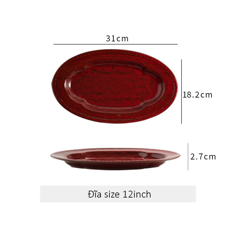 Đĩa gốm sứ bầu dục viền dập nổi hình bông lúa - Đỏ 31cm
