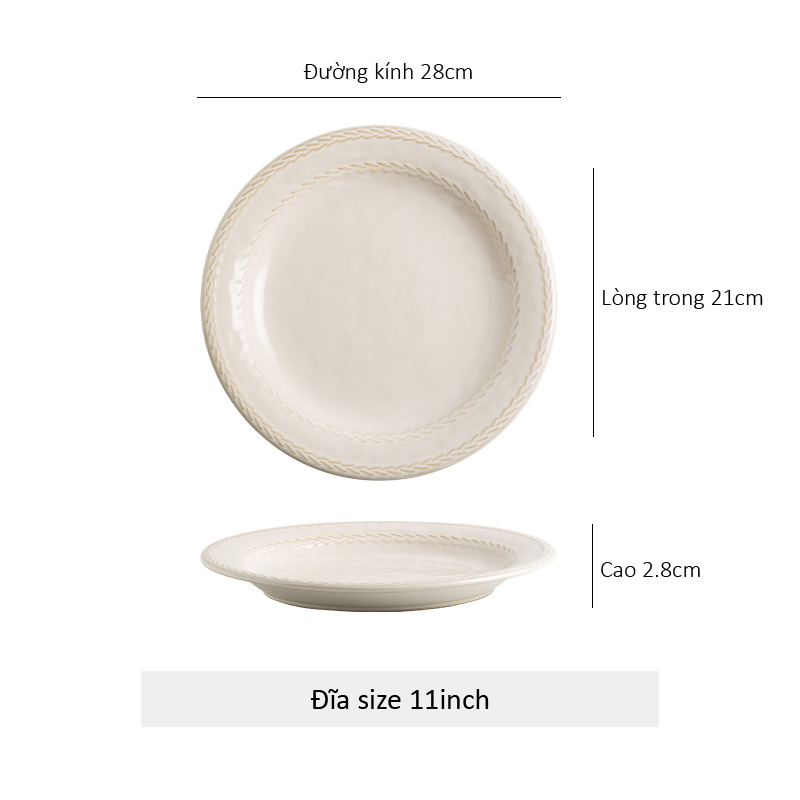 Đĩa gốm sứ tròn lòng sâu viền dập nổi hình bông lúa - Beige 28cm