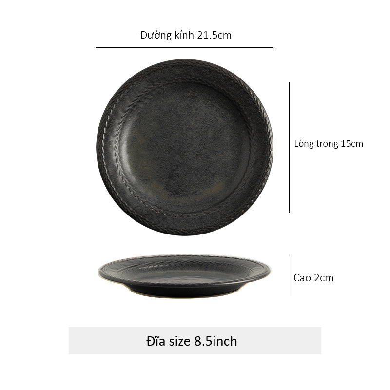 Đĩa gốm sứ tròn lòng sâu viền dập nổi hình bông lúa - Đen 21.5cm