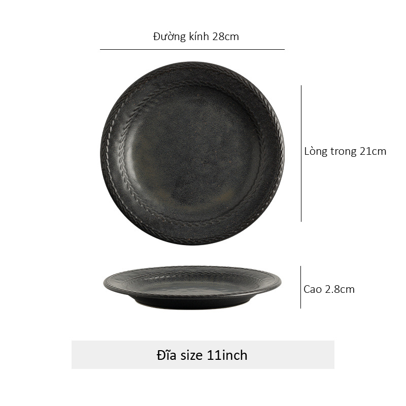 Đĩa gốm sứ tròn lòng sâu viền dập nổi hình bông lúa - Đen 28cm