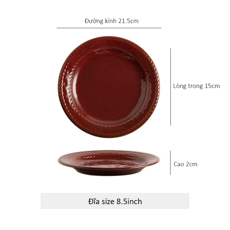 Đĩa gốm sứ tròn lòng sâu viền dập nổi hình bông lúa - Đỏ 21.5cm