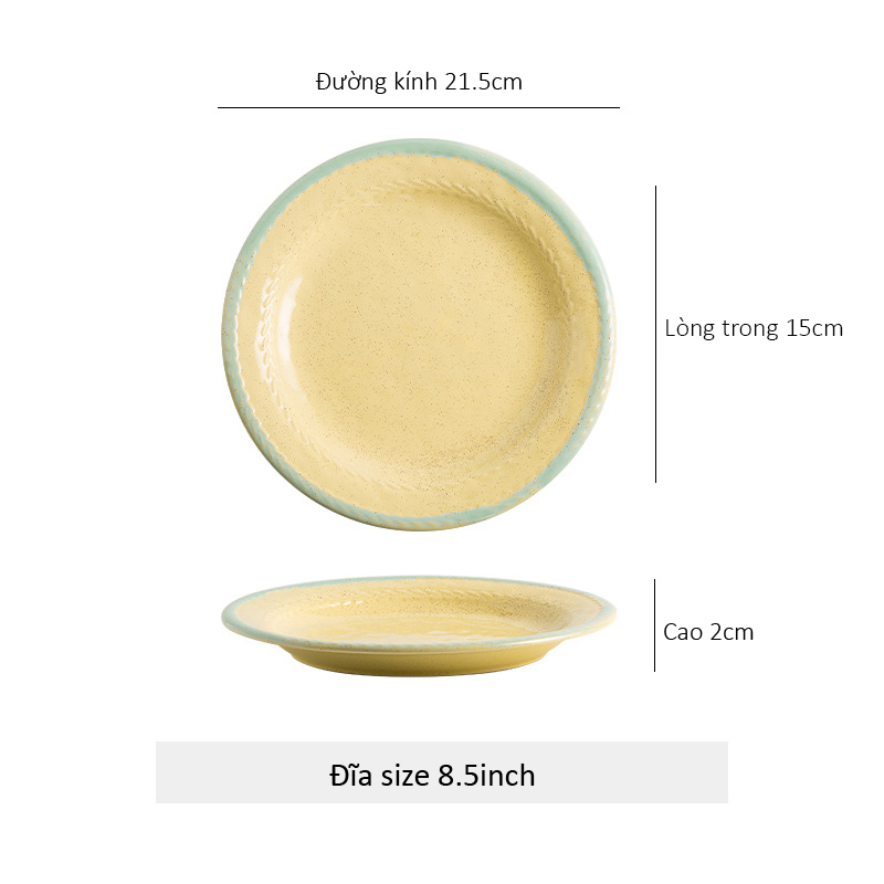Đĩa gốm sứ tròn lòng sâu viền dập nổi hình bông lúa - Vàng 21.5cm