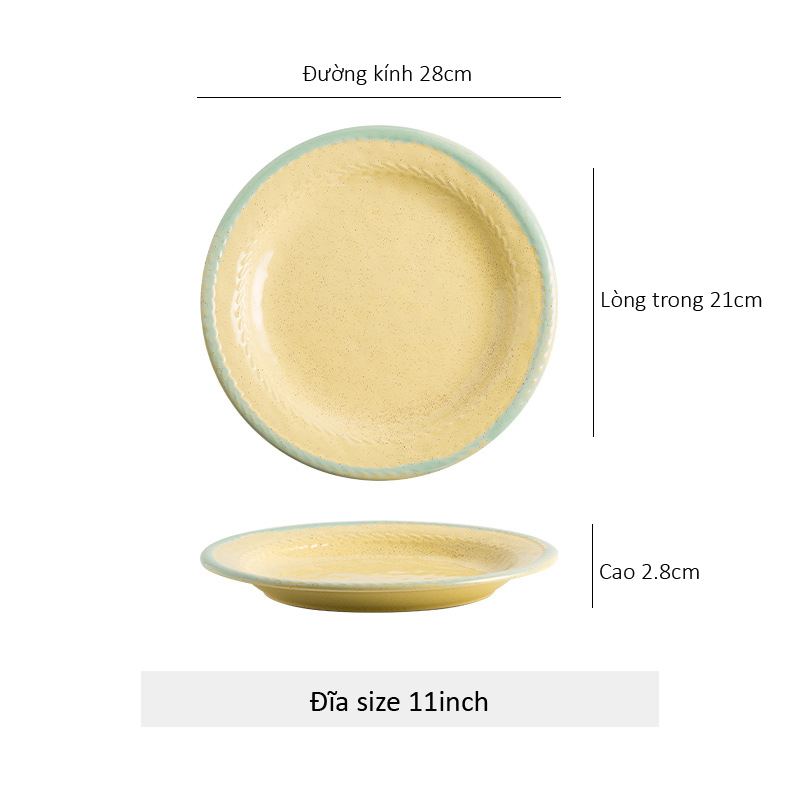 Đĩa gốm sứ tròn lòng sâu viền dập nổi hình bông lúa - Vàng 28cm
