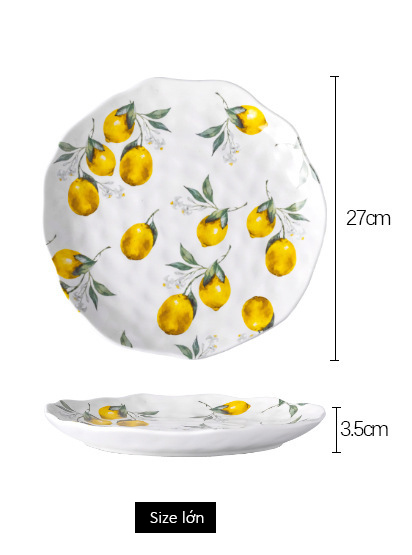 Đĩa gốm sứ tròn viền uốn lượn họa tiết chanh vàng - Size lớn