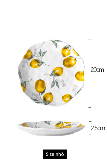 Đĩa gốm sứ tròn viền uốn lượn họa tiết chanh vàng - Size nhỏ