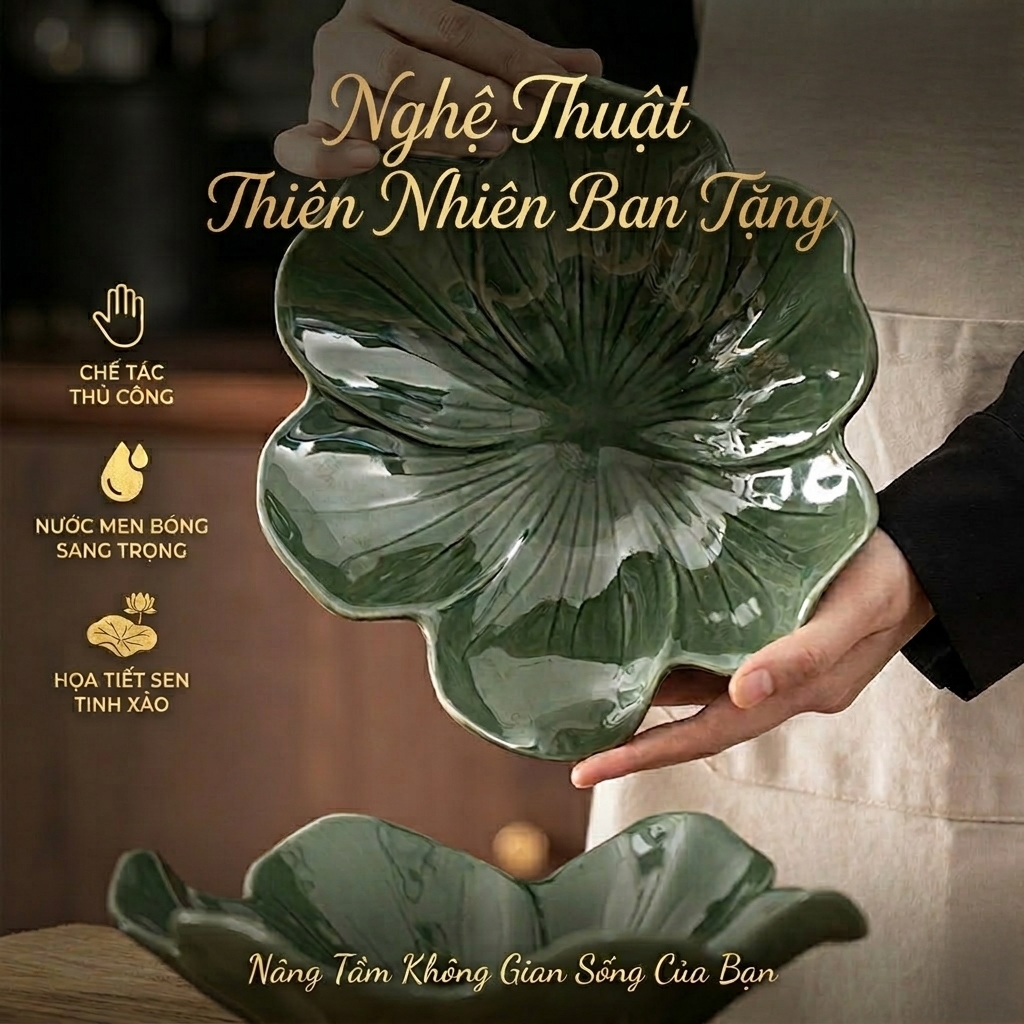 Đĩa hình lá sen gốm sứ cao cấp chế tác thủ công - Xanh ngọc