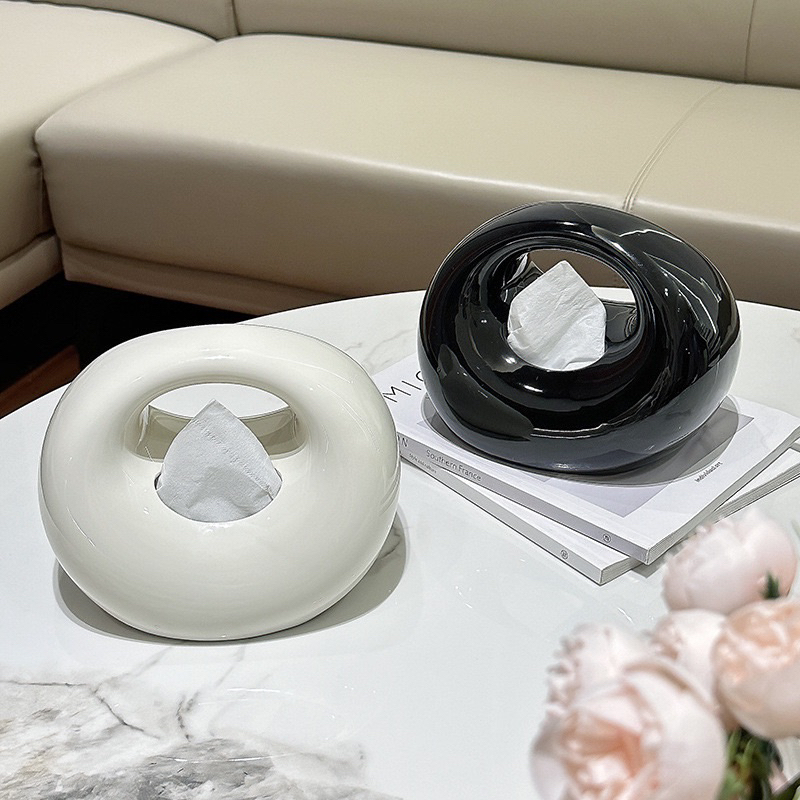Hộp đựng giấy gốm sứ men bóng hình tròn có quai cầm sang trọng
