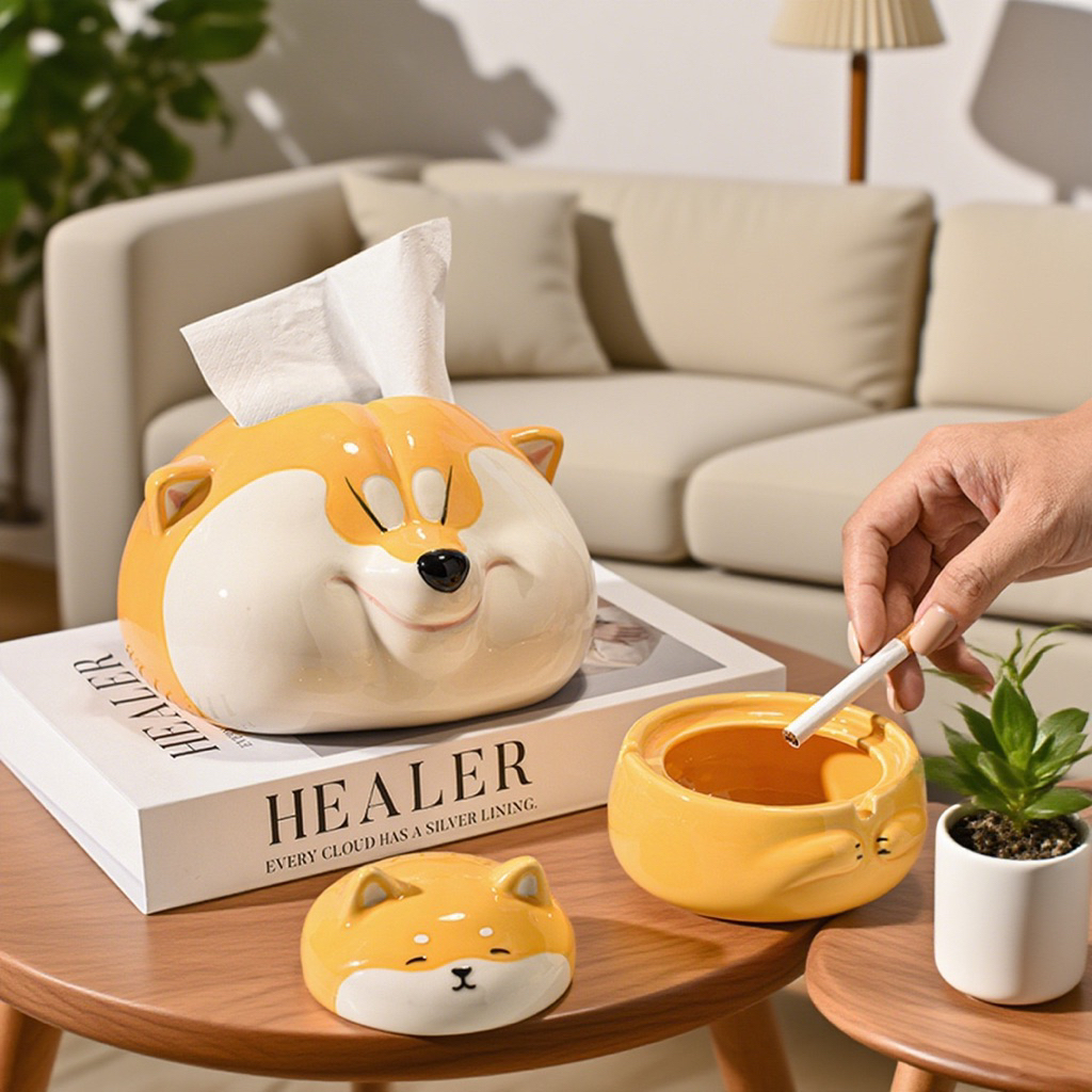 Hộp đựng khăn giấy gốm sứ hình chó Shiba Inu