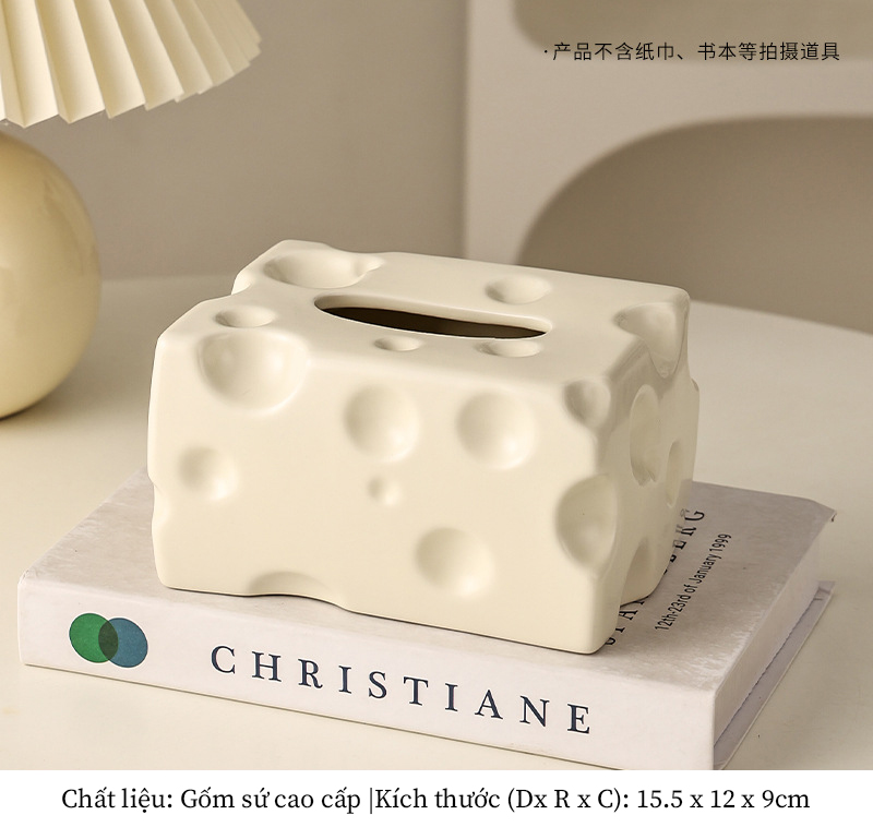 Hộp khăn giấy gốm sứ men bóng hình phô mai | Cheese Tissue Box - Trắng