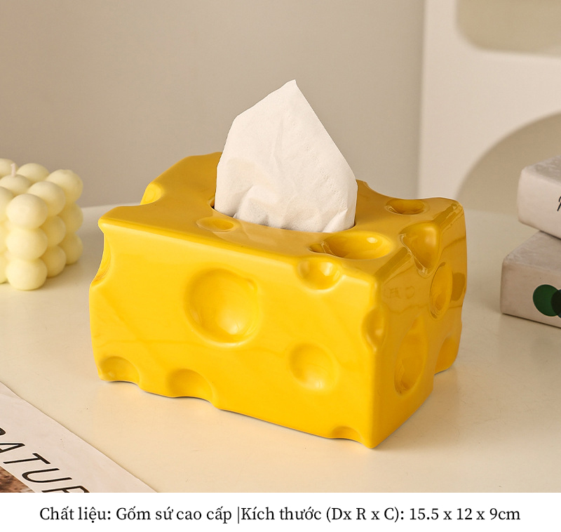 Hộp khăn giấy gốm sứ men bóng hình phô mai | Cheese Tissue Box - Vàng