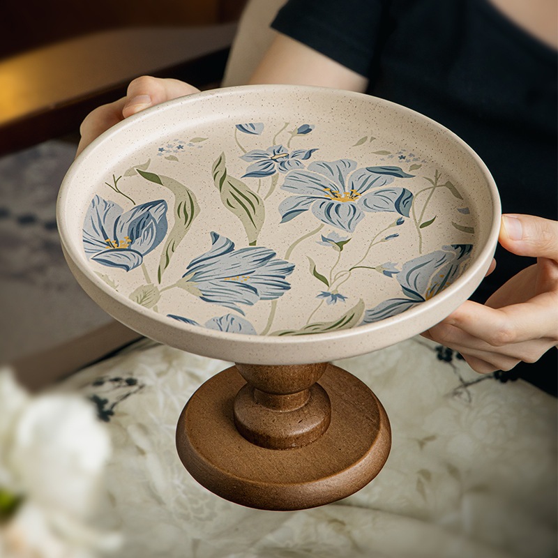 Khay gốm đựng đồ đa năng họa tiết hoa xanh Vintage