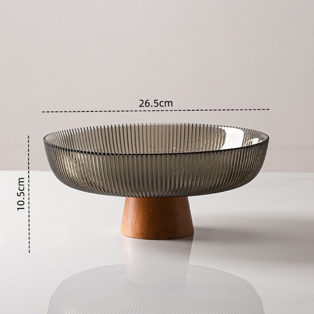 Khay thủy tinh đựng hoa quả có chân đế gỗ cao cấp Bắc Âu | Glass Fruit Pedestal Bowl - Sọc khói