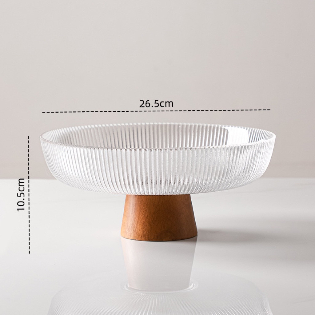 Khay thủy tinh đựng hoa quả có chân đế gỗ cao cấp Bắc Âu | Glass Fruit Pedestal Bowl - Sọc trong