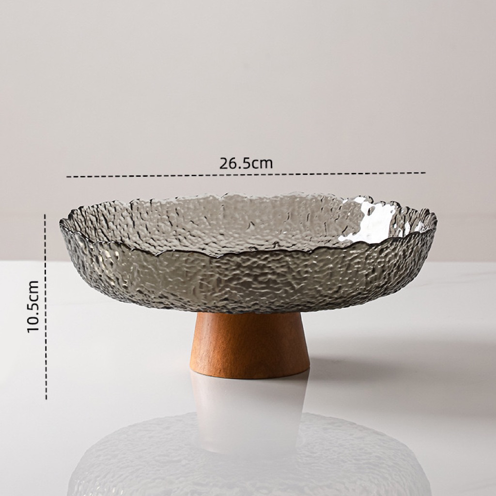 Khay thủy tinh đựng hoa quả có chân đế gỗ cao cấp Bắc Âu | Glass Fruit Pedestal Bowl - Vân khói