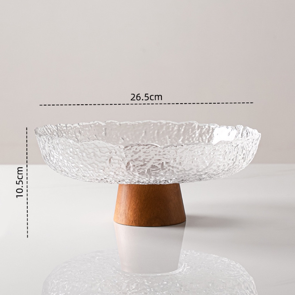 Khay thủy tinh đựng hoa quả có chân đế gỗ cao cấp Bắc Âu | Glass Fruit Pedestal Bowl - Vân trong