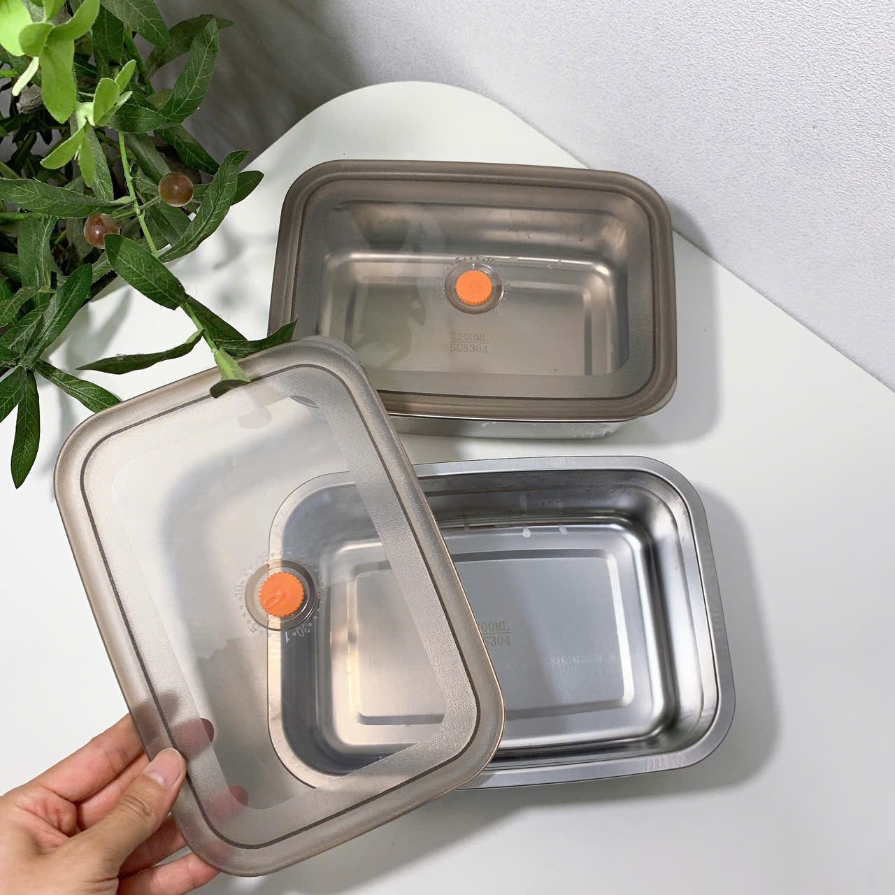[100] Hộp Lạnh Inox Nắp Cam 2200ml