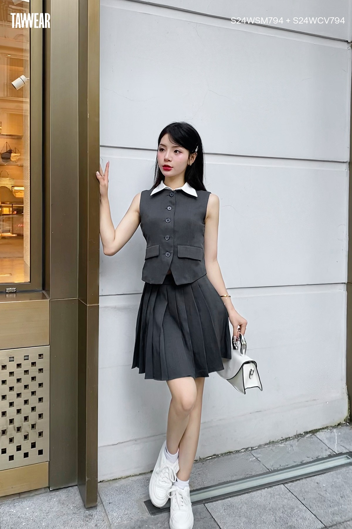 Bộ Áo Gile Phối Chân Váy Xếp Ly CV794SM794