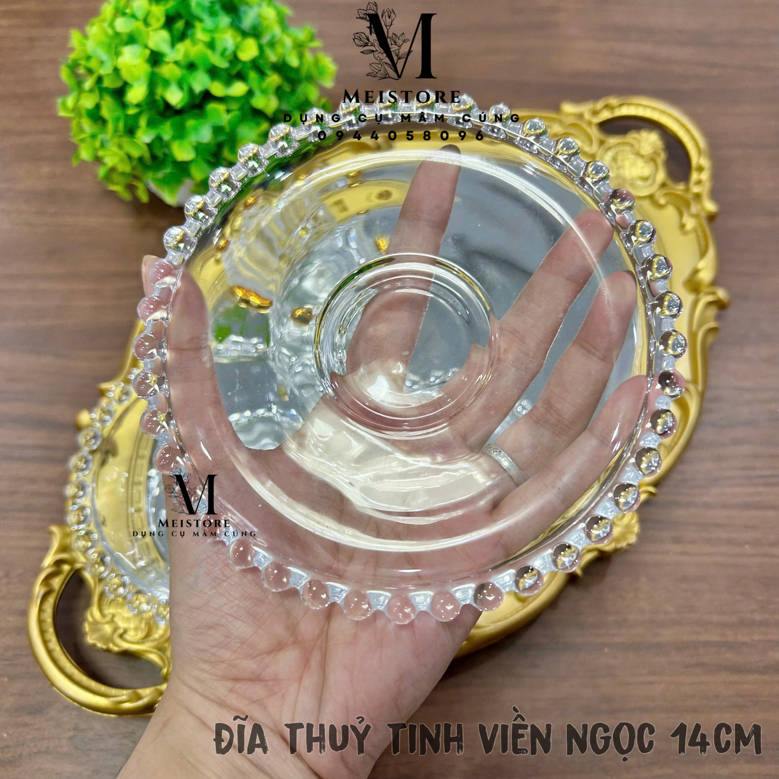 Đĩa thuỷ tinh viền ngọc 14cm đựng xôi/thạch