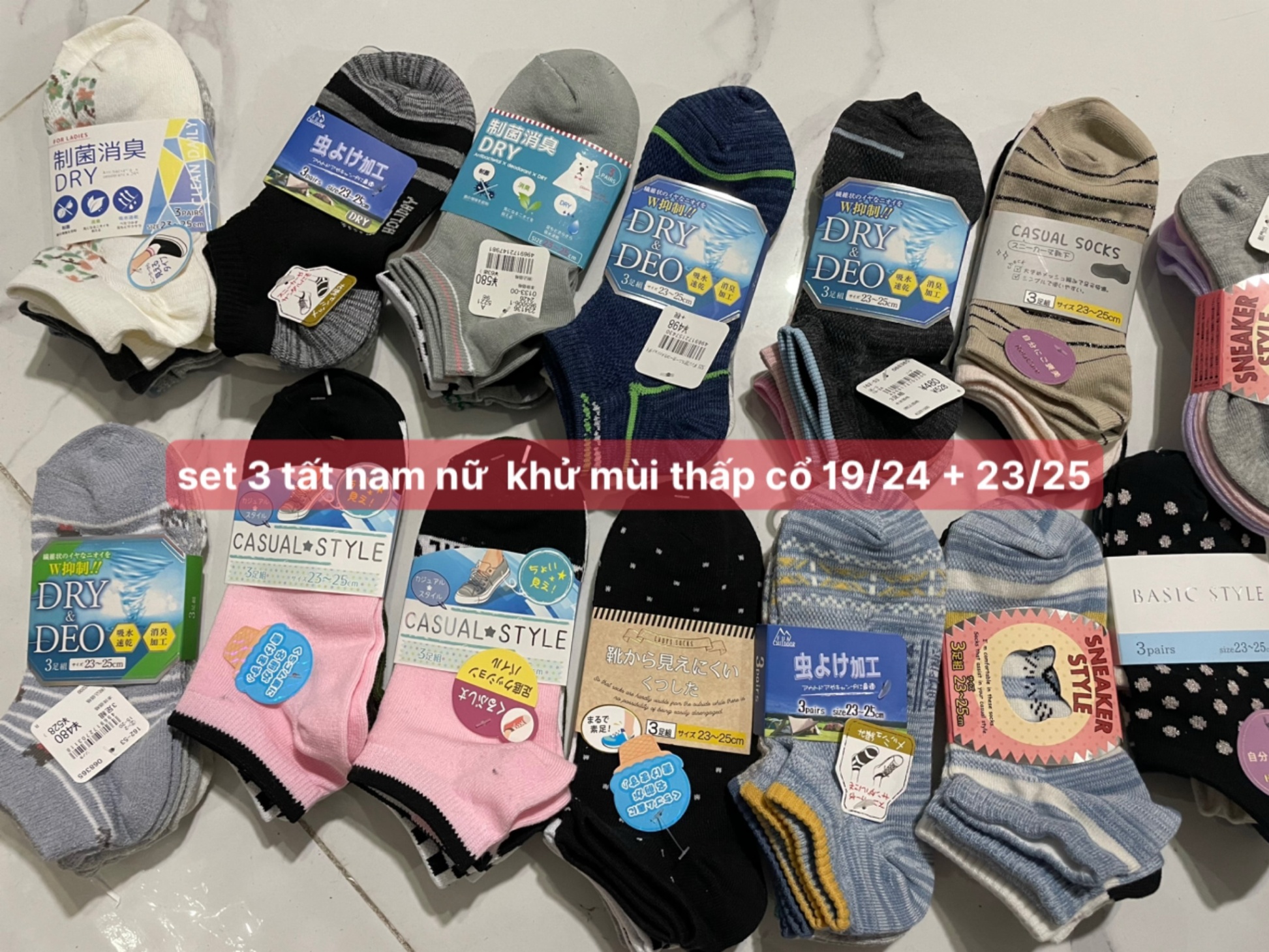 Set 3 tất tất nam nữ khử mùi thấp cổ size 23-25cm