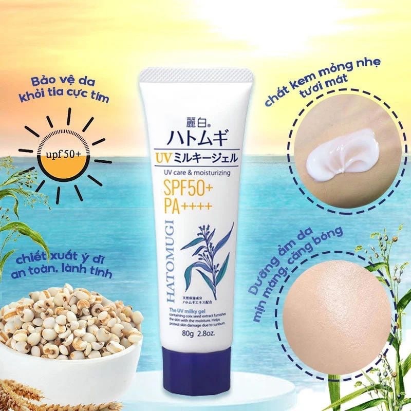 Kem chống nắng dưỡng da, chiết xuất ý dĩ Hatomugi UV Milky Gel SPF50++++ 80g