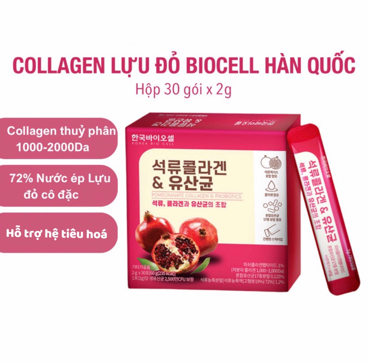 Bột Collagen Lựu Đỏ Bio Cell Pomegranate Collagen & Probiotics 60g (30 Gói) 3185