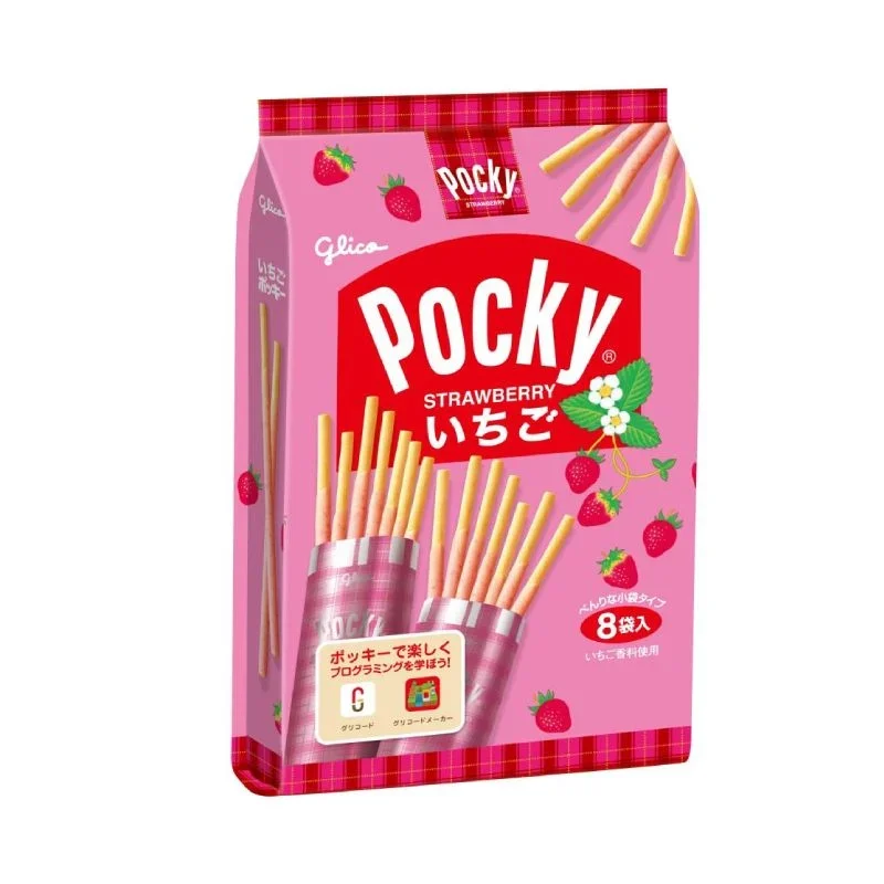 Bánh que Glico Pocky hộp 8 gói - socola vị dâu tây