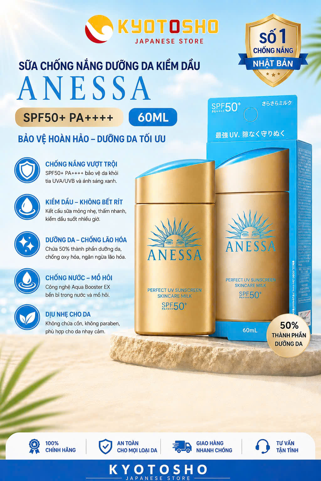 Sữa chống nắng Anessa dưỡng da kiềm dầu SPF50+ PA++++ 60ml (vàng)
