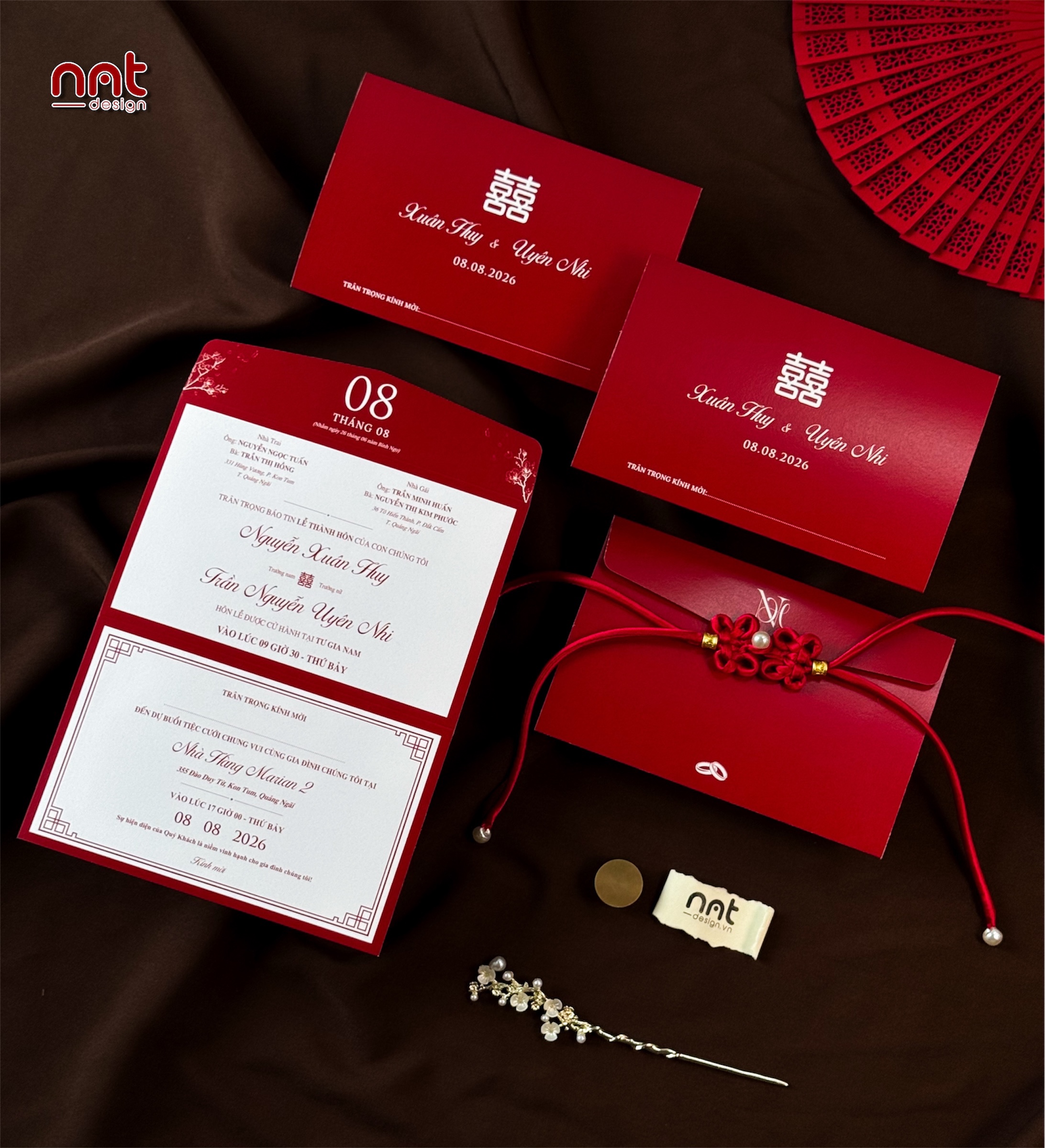 THIỆP CƯỚI GẬP 3 TONE ĐỎ CHỮ HỶ