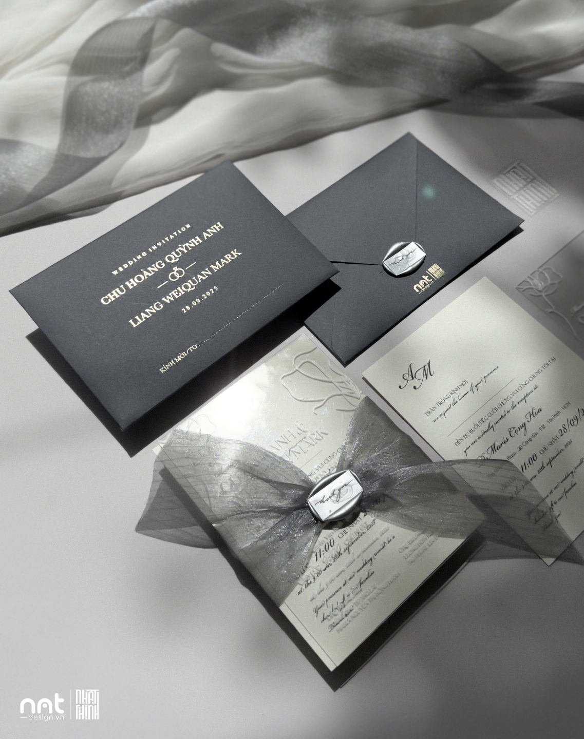 THIỆP CƯỚI GIẤY MỸ THUẬT ÉP KIM RUỘT MICA SANG TRỌNG ĐẲNG CẤP_XANH ĐEN