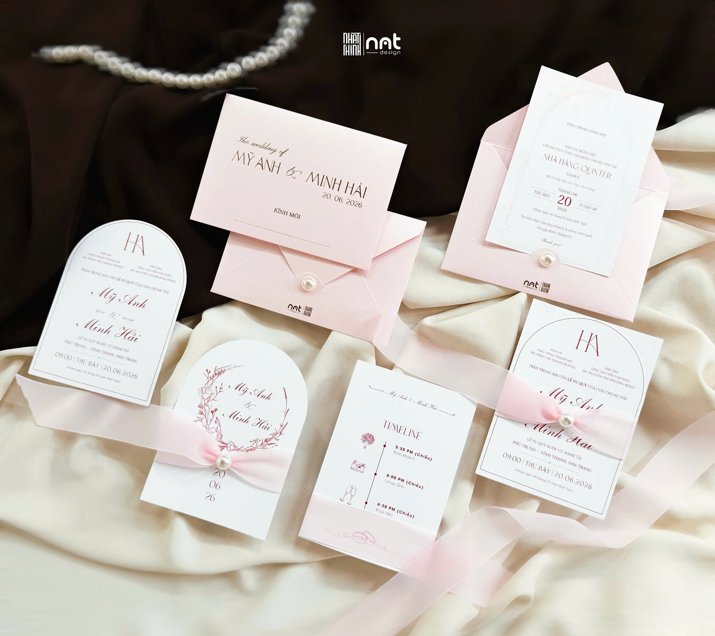 THIỆP CƯỚI HỒNG PASTEL BO GÓC HIỆN ĐẠI